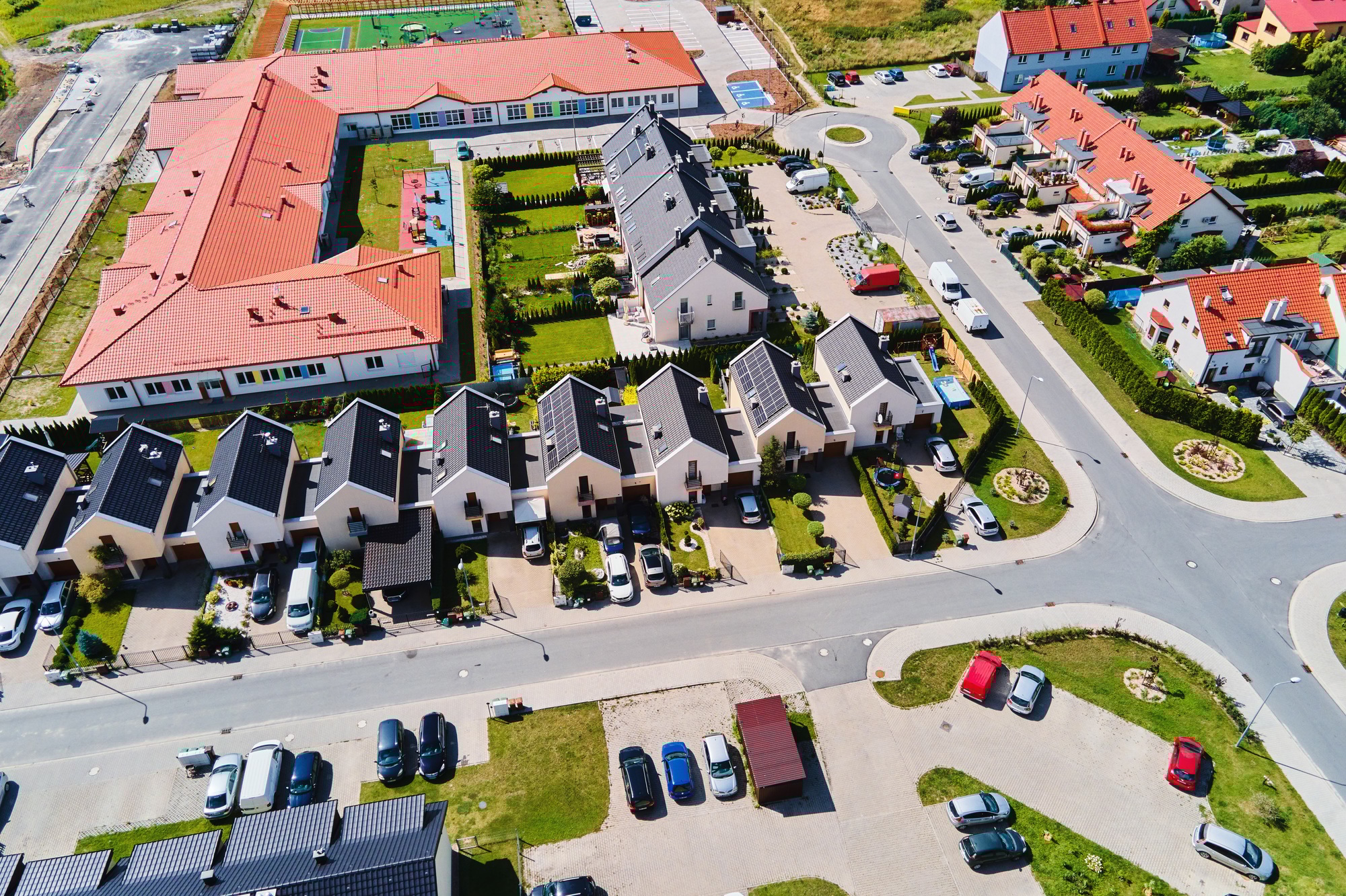 Modern residential district in Europe town, aerial view