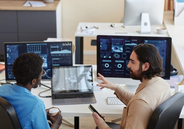 Young confident IT engineer explaining graphic data to his colleague
